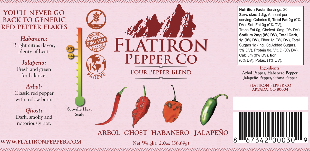 Nutrition Facts - Servings: 20, Serv. size: 2.6g, Amount per serving: Calories 9, Total Fat 0g, Sodium 2mg, Total carb. 1g, Fiber 1g, Total Sugars 1g (0g added sugars). Ingredients: Arbol Pepper, Habanero Pepper, Jalapeno Pepper, Ghost Pepper.