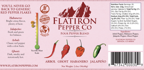 Nutrition Facts - Servings: 20, Serv. size: 2.6g, Amount per serving: Calories 9, Total Fat 0g, Sodium 2mg, Total carb. 1g, Fiber 1g, Total Sugars 1g (0g added sugars). Ingredients: Arbol Pepper, Habanero Pepper, Jalapeno Pepper, Ghost Pepper.