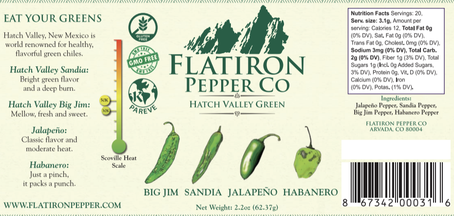 Nutrition Facts - Servings: 20, Serv. size: 3.1g, Amount per serving: Calories 12, Total Fat 0g, Sodium 3mg, Total carb. 2g, Fiber 1g, Total Sugars 1g (0g added sugars). Ingredients: Jalapeno Pepper, Sandia Pepper, Big Jim Pepper, Habanero Pepper.